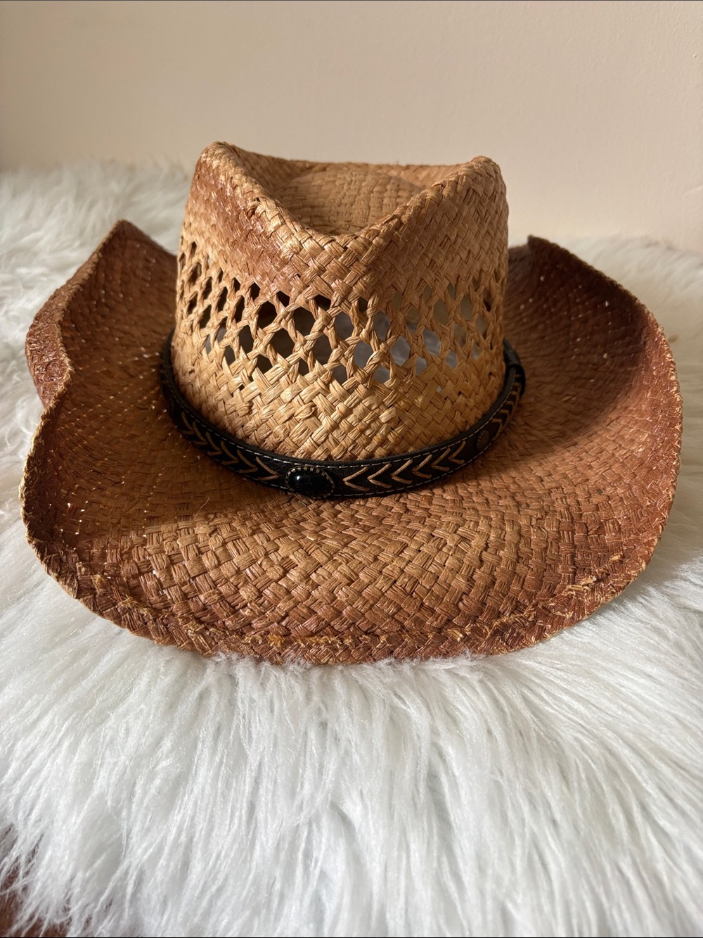 Woven Straw Western Hat with Decorative Band - Brown